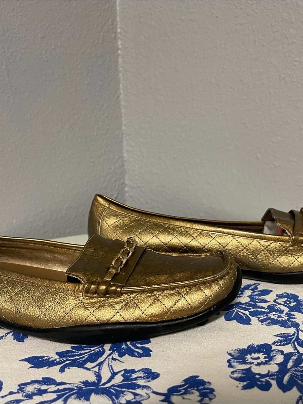 Bellini Metallic Gold Quilted Loafers with Chain Detail